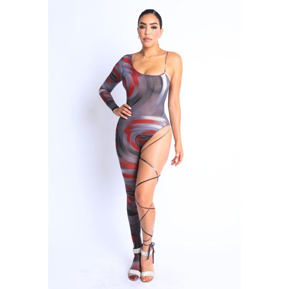 Women Paint Printed One Sleeve One Leg Tie Detailed Jumpsuit Sexy Jumpsuit - Picture 13 of 15